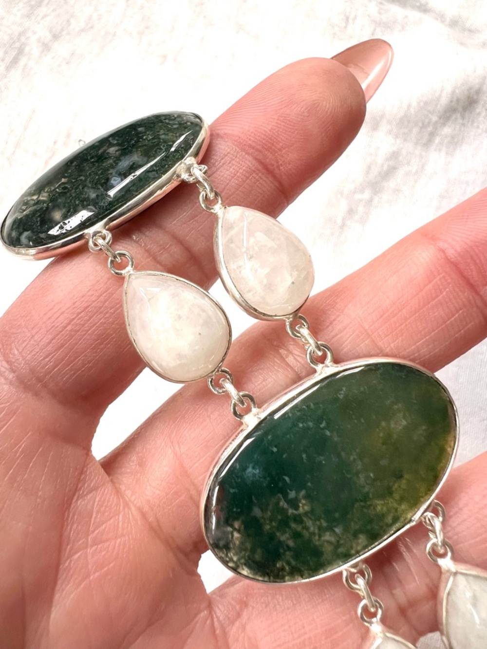 925 Earth Stone MOSS AGATE + Rainbow Moonstone Bracelet 7”-8.5” - Picture 6 of 12